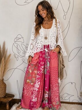 Boho Handmade Cotton/Rayon Patchwork Wide Leg Pants with Pockets O/S (fits most)